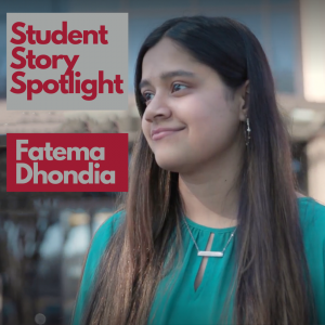 photo of a young woman looking to the left with graphics saying student story spotlight and the woman's name