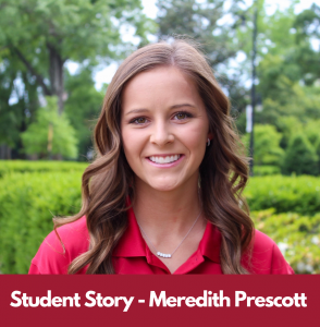a girl smiling with trees in the background and the words "student story meredith prescott" underneath the girl