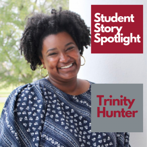 photo of a young woman smiling with a white column and trees in the background with two graphics saying student story spotlight and the woman's name